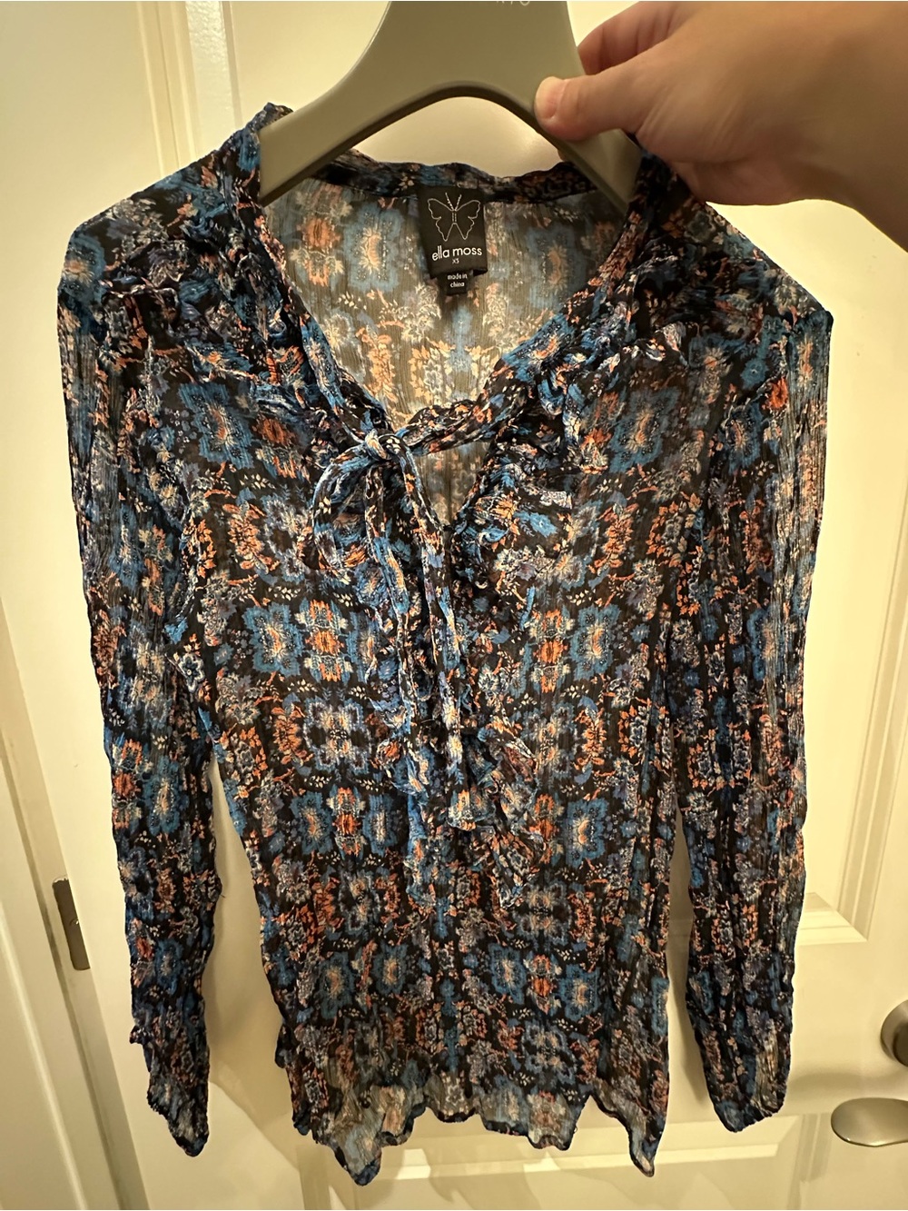 Ella Moss Blue Floral Tie-Neck Long Sleeve Top